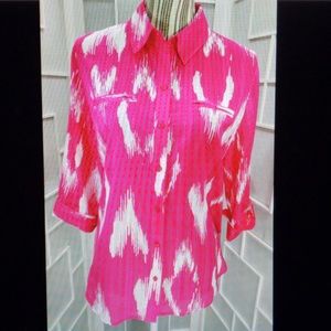 Sz 1 Chico's Pink/White Semi Sheer Collard Shirt